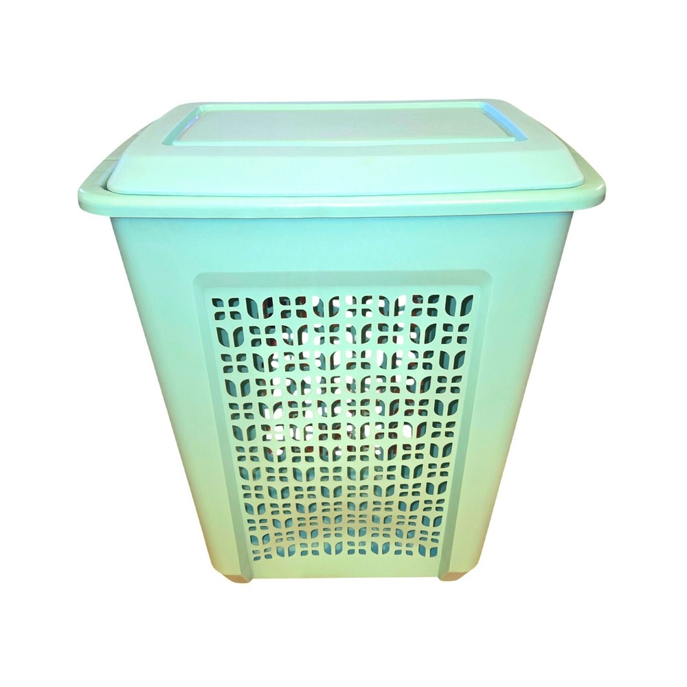 Rubbermaid Laundry Hamper & Lid 2789 Soft Green Tulip Pattern VTG 1980's Plastic
